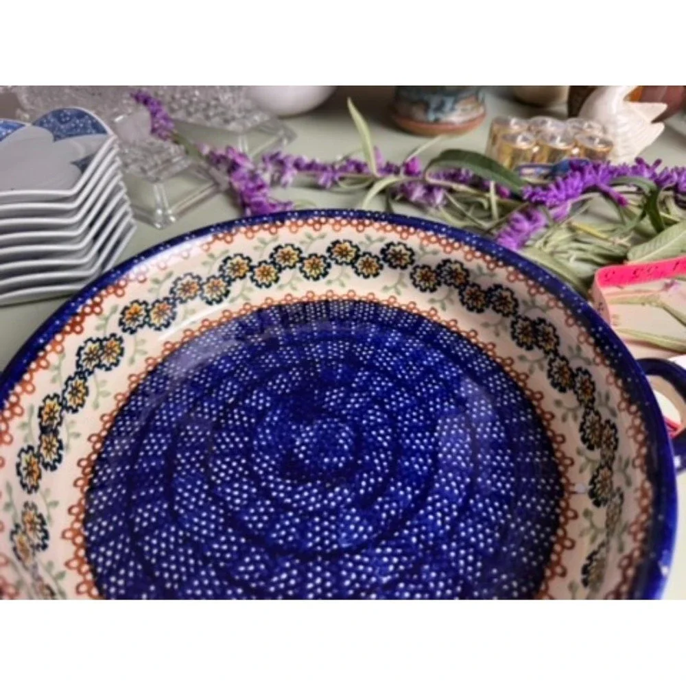 Vintage Hand-painted Serving Dish Stoneware Cobalt Blue Floral‎ Unikat Pattern